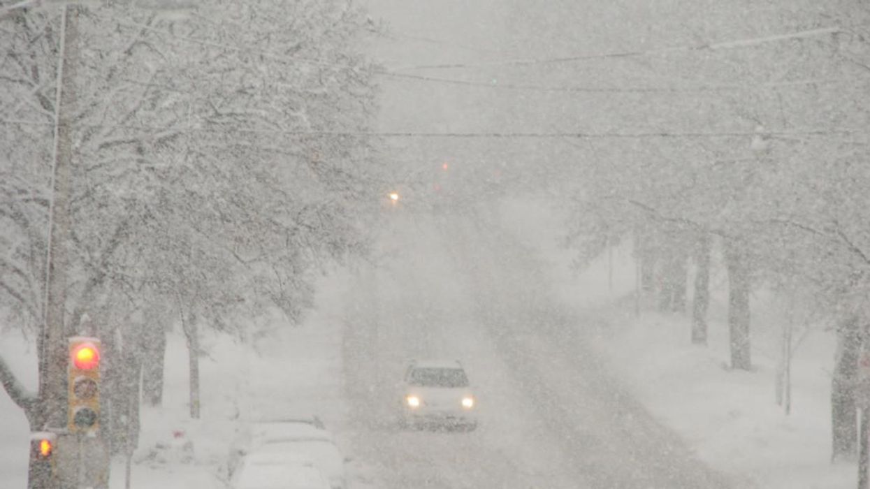 A road during a snow storm.