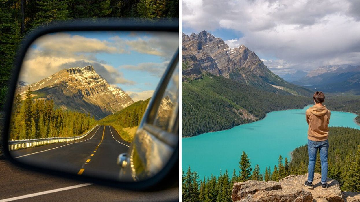 A road in Canada is seen in the mirror of a car. Right: A person looks at a blue lake in Canada.