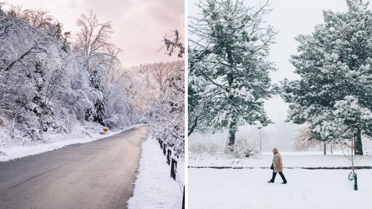 A road in Ontario after a snowfall. Right: A person walks in a snowy park.