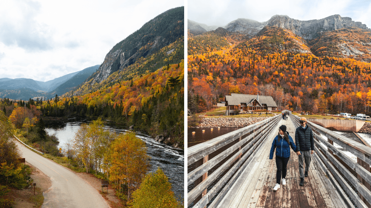 A road runs along a river with mountains behind. Right: A couple walk on a bridge with autumn leaves in the background.