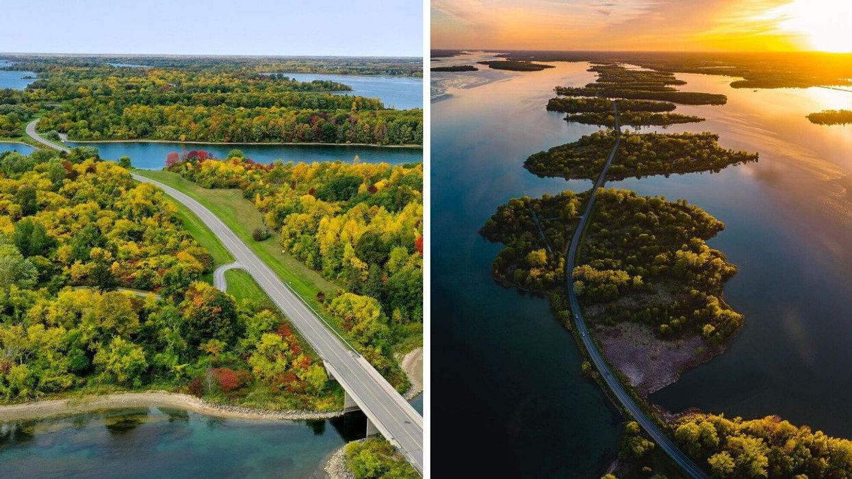 A road stretching over several small islands on the Long Sault Parkway.