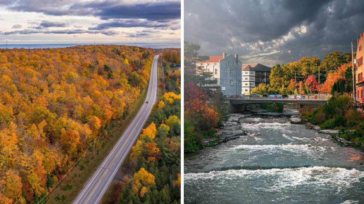 A road surrounded by fall colours. Right: A riverside town during the fall.