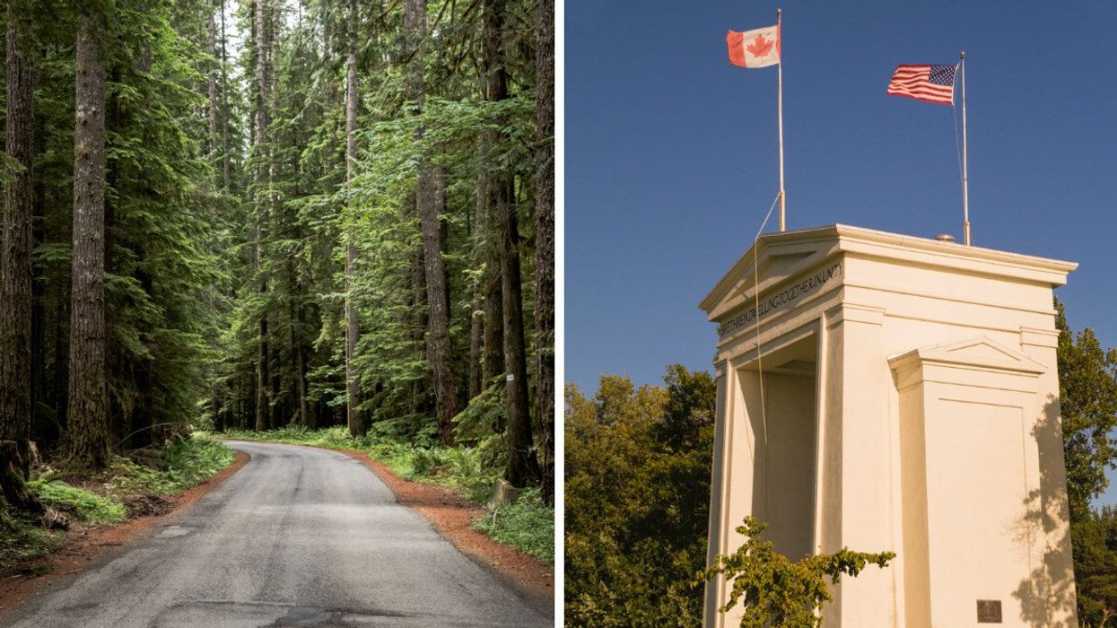 A road through a forest. Right: A border crossing.