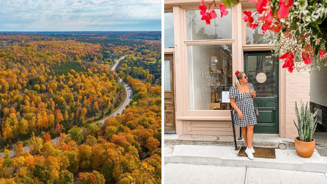A road through fall foliage. RIght: A person standing outside a store.