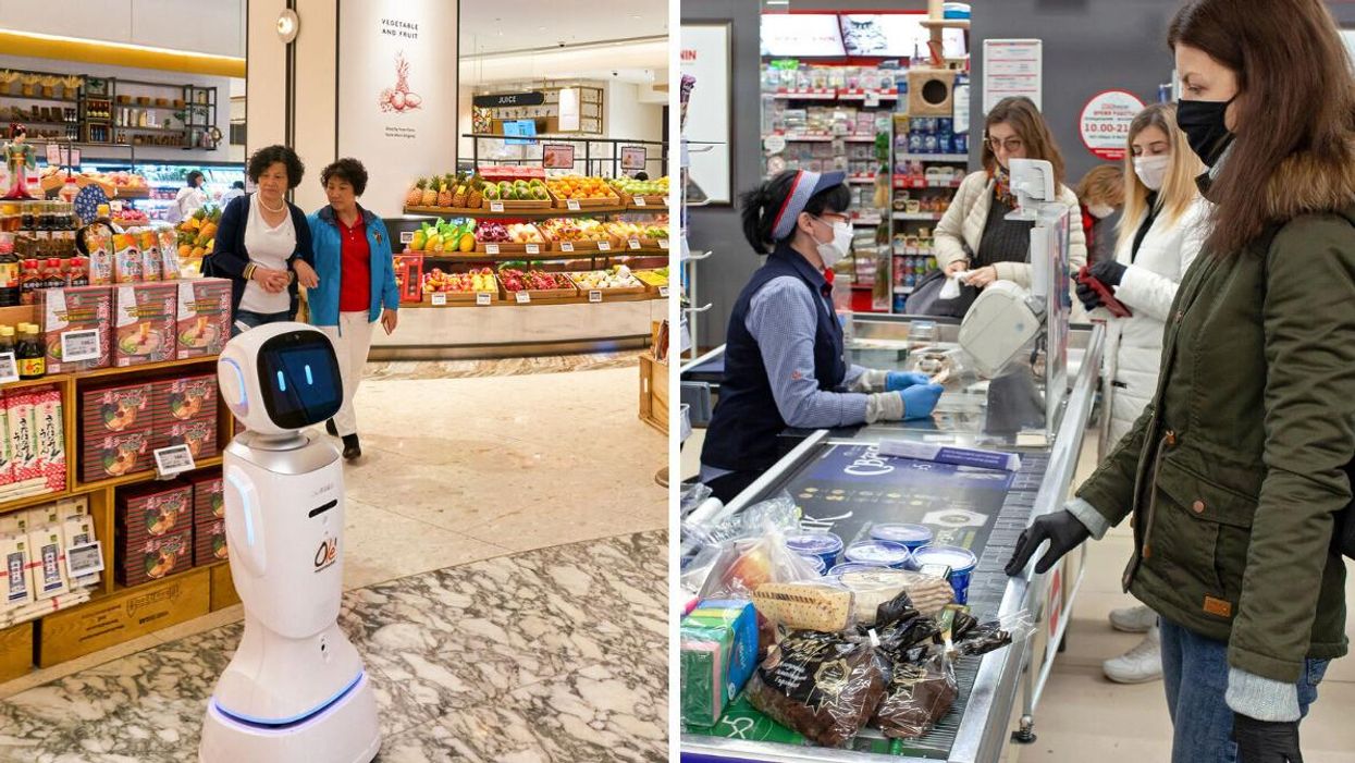 A robot at a grocery store. Right: Women checking out at a grocery store.