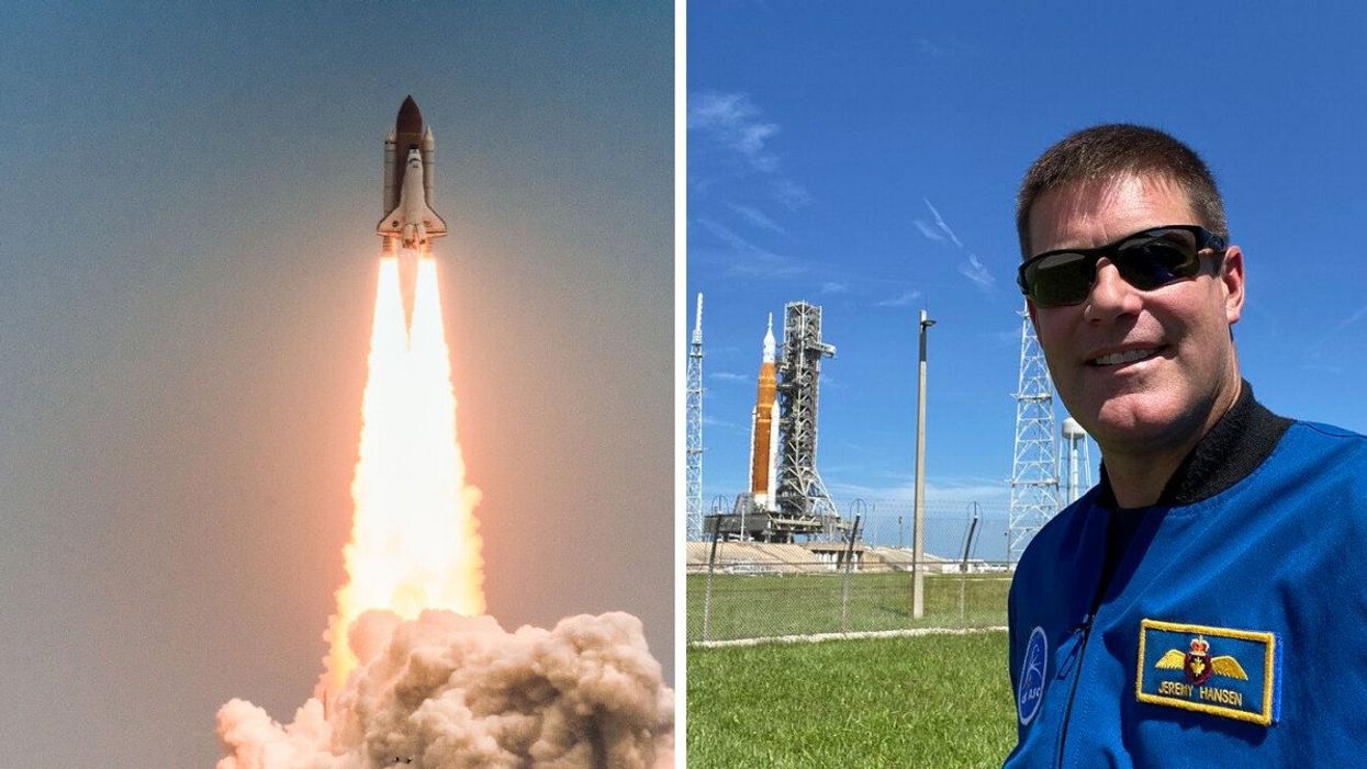 A rocket launching. Right: Jeremy Hansen.