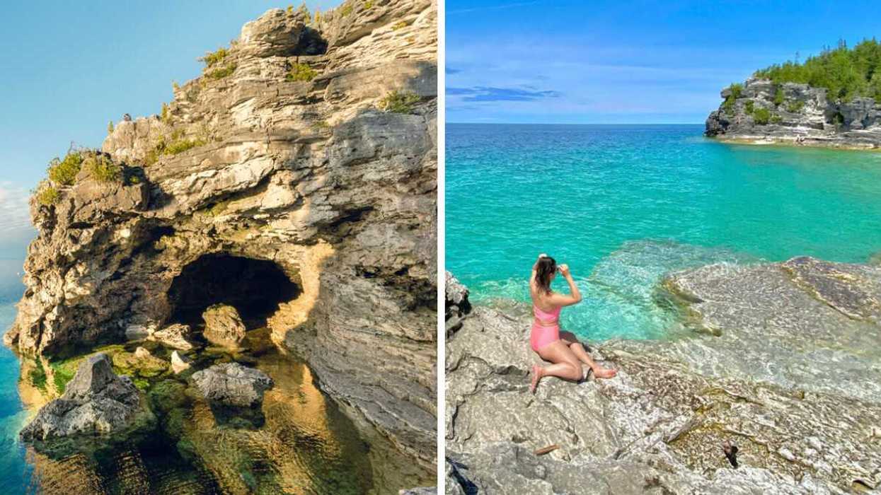 A rocky cave. Right: A person sitting on a rocky shore.