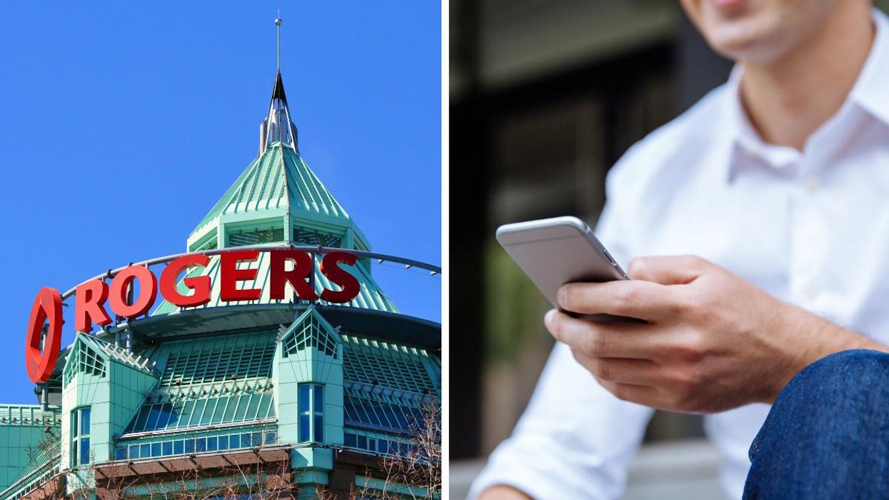 A Rogers building. Right: A person holding a cell phone.