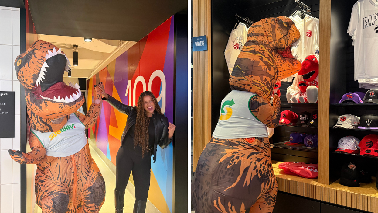 A rogue dino at the Raptor's home opener