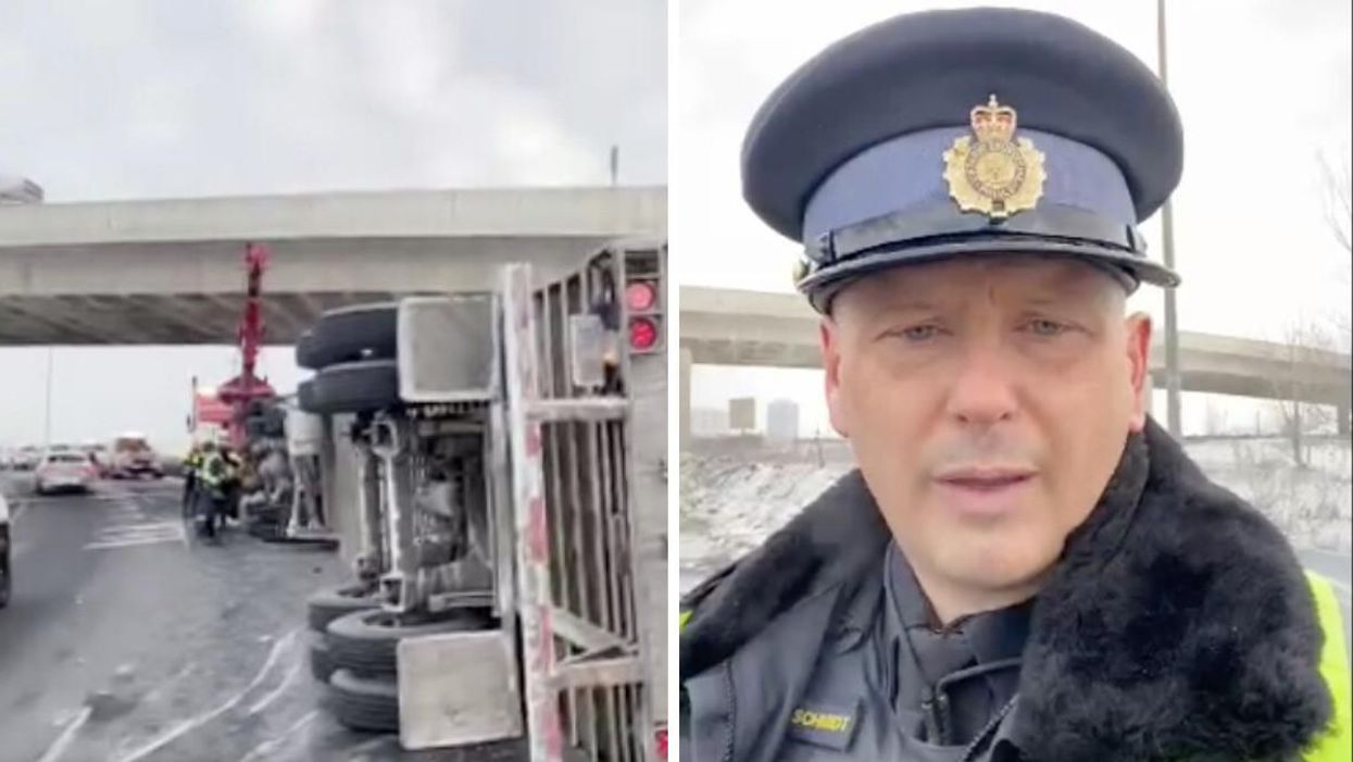 A Rolled Over Transport Truck Full Of Frozen Spinach Is Causing 'Heavy Traffic' On The 401