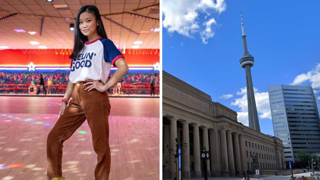 A roller skater. Right: The CN tower in Toronto.