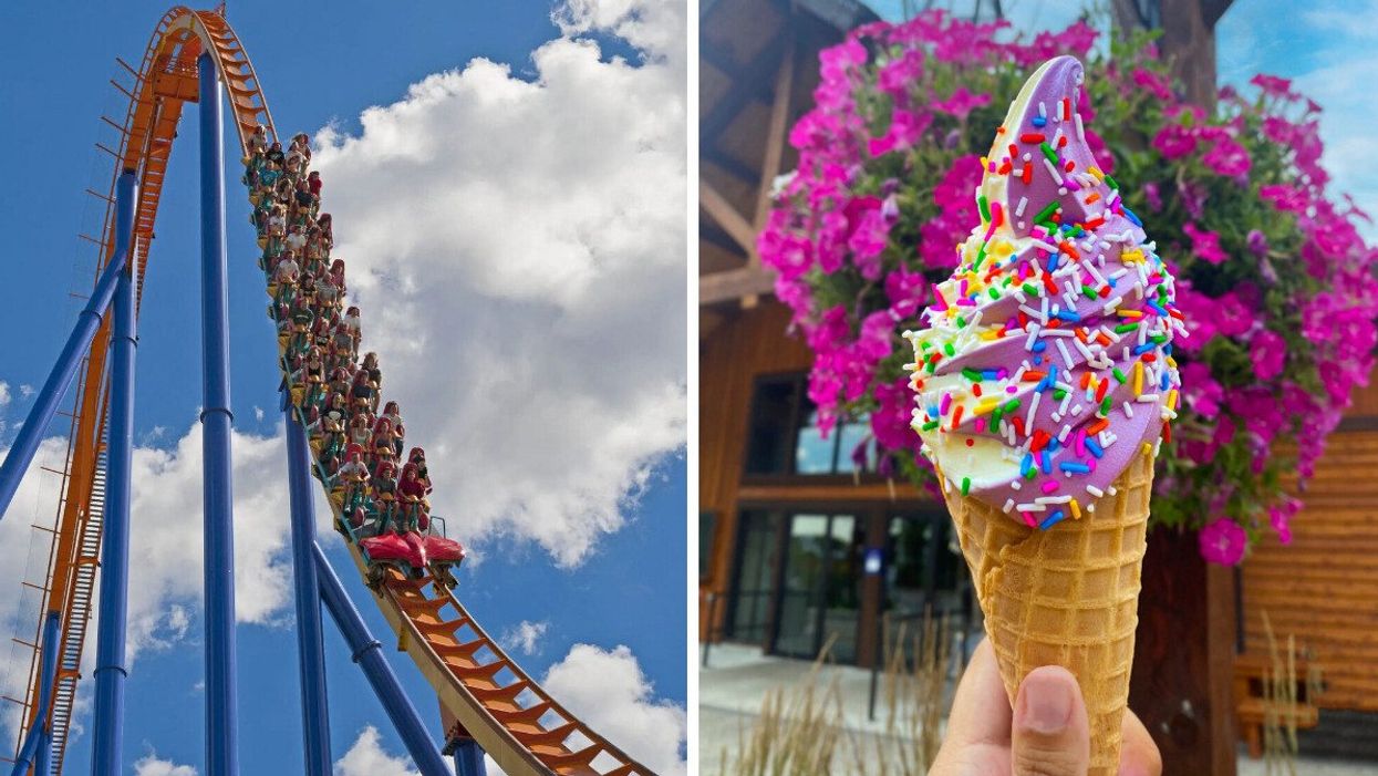 A rollercoaster at Canada's Wonderland. Right: An ice cream cone.