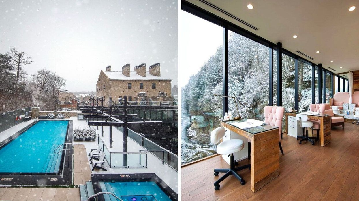 A rooftop spa during the winter. Right: A spa overlooking the water.
