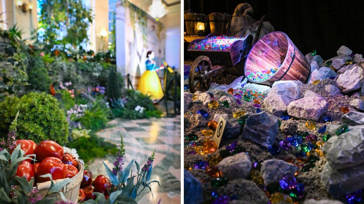 A room decorated with Snow White-themed items. Right: A bucket of gemstones.