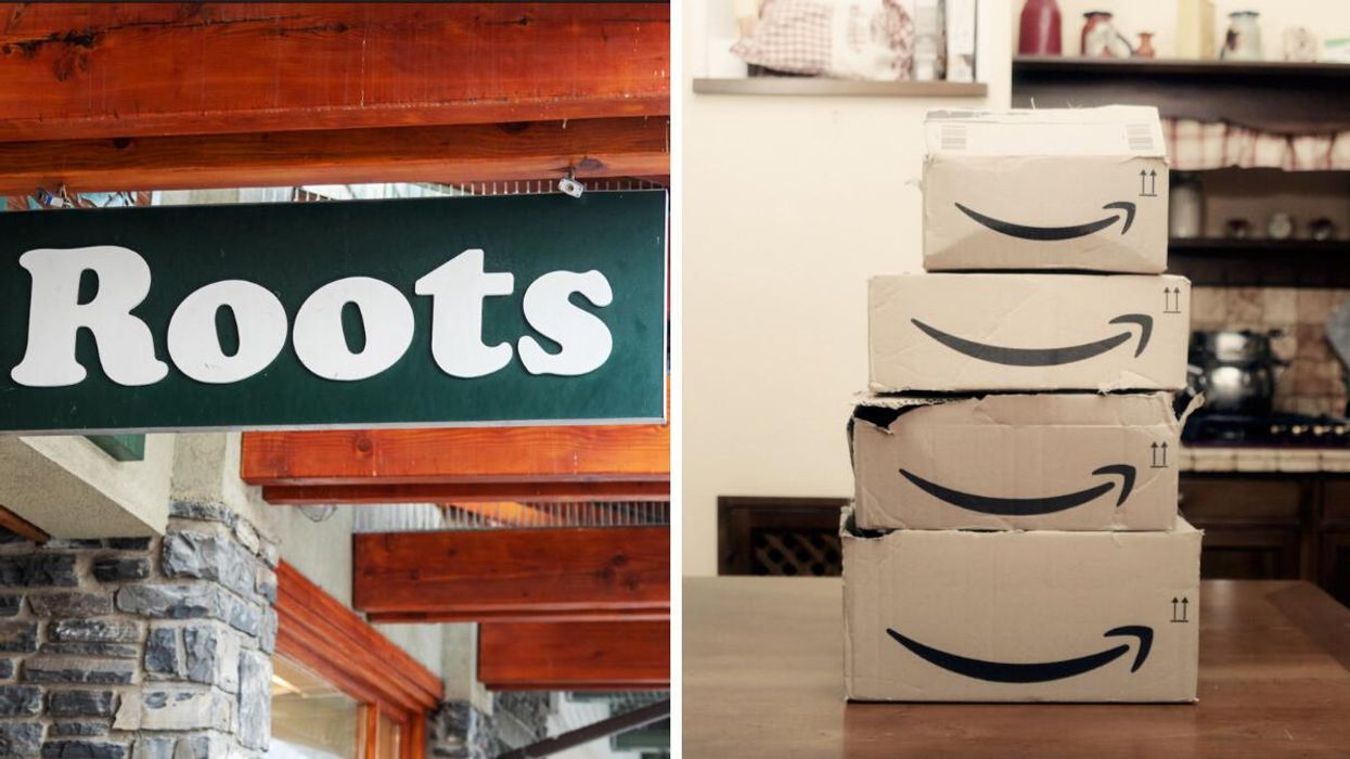 A Roots sign. Right: Amazon Prime boxes.