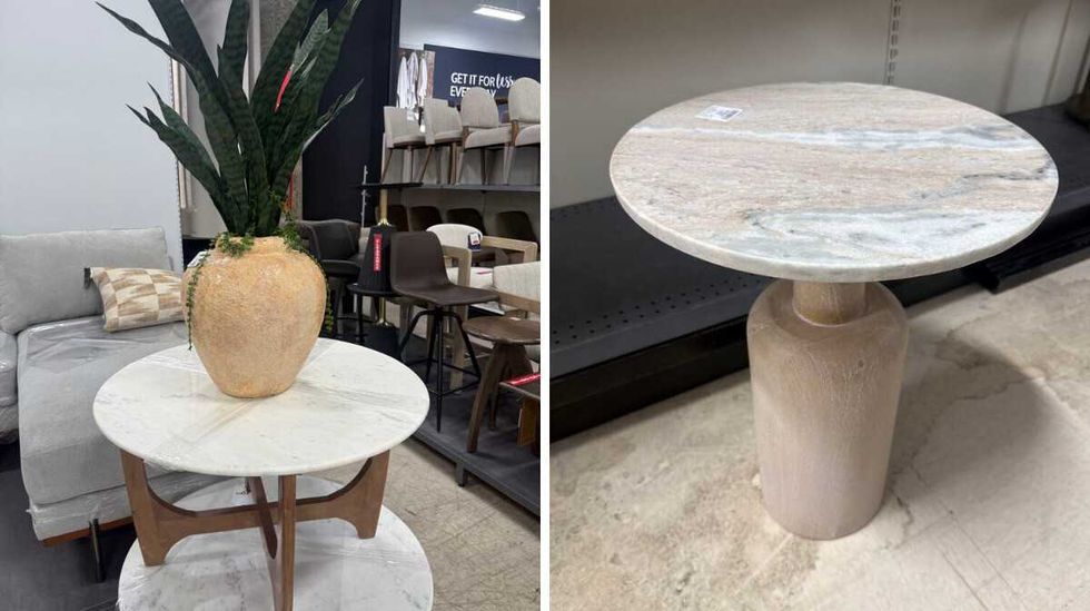 A round coffee table with a white top and brown legs and an artificial plant on top. Right: A round table with a marble-like top.