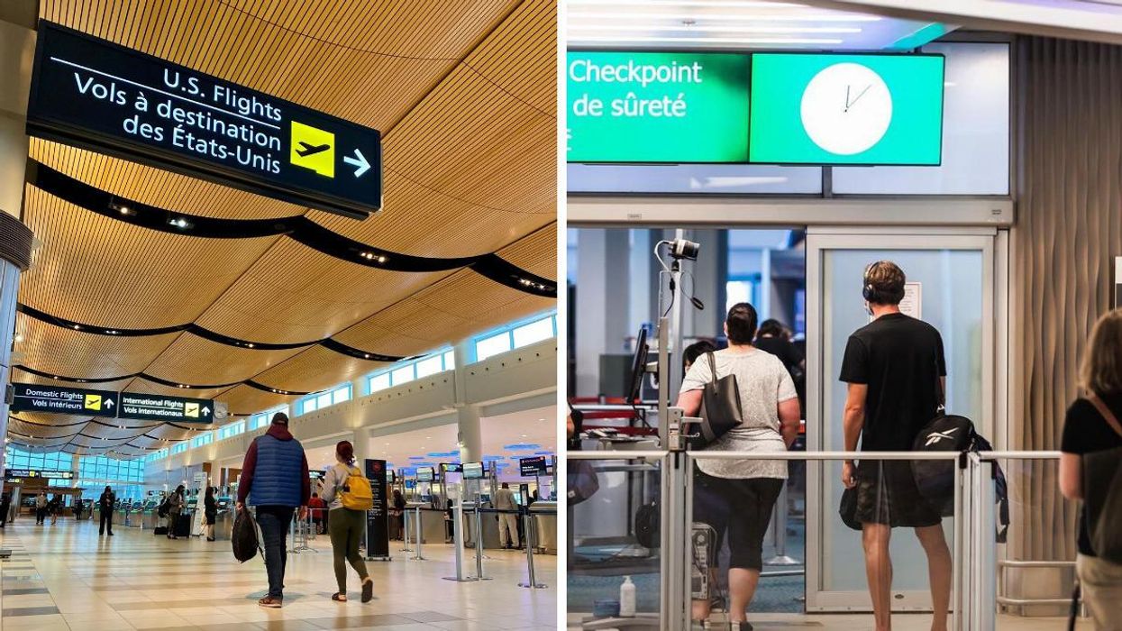 A row of check-in counters of U.S. flights. Right: Travellers waiting in line at security.