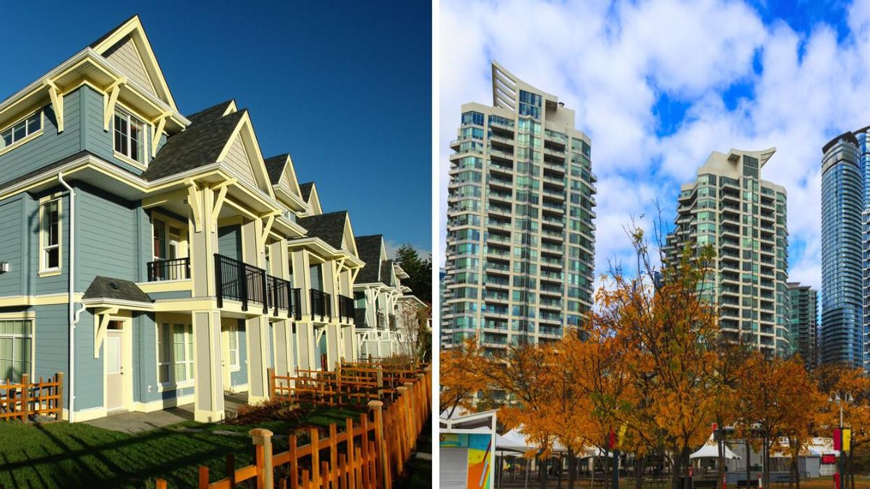 A row of houses in B.C. Right: Condos in Toronto.