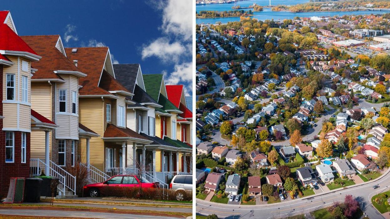 A row of houses in Canada. Right: An aerial view of a Montreal neighborhood.