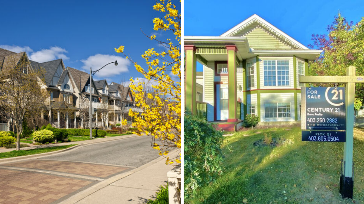 A row of houses in Toronto. Right: A house for sale in Calgary.