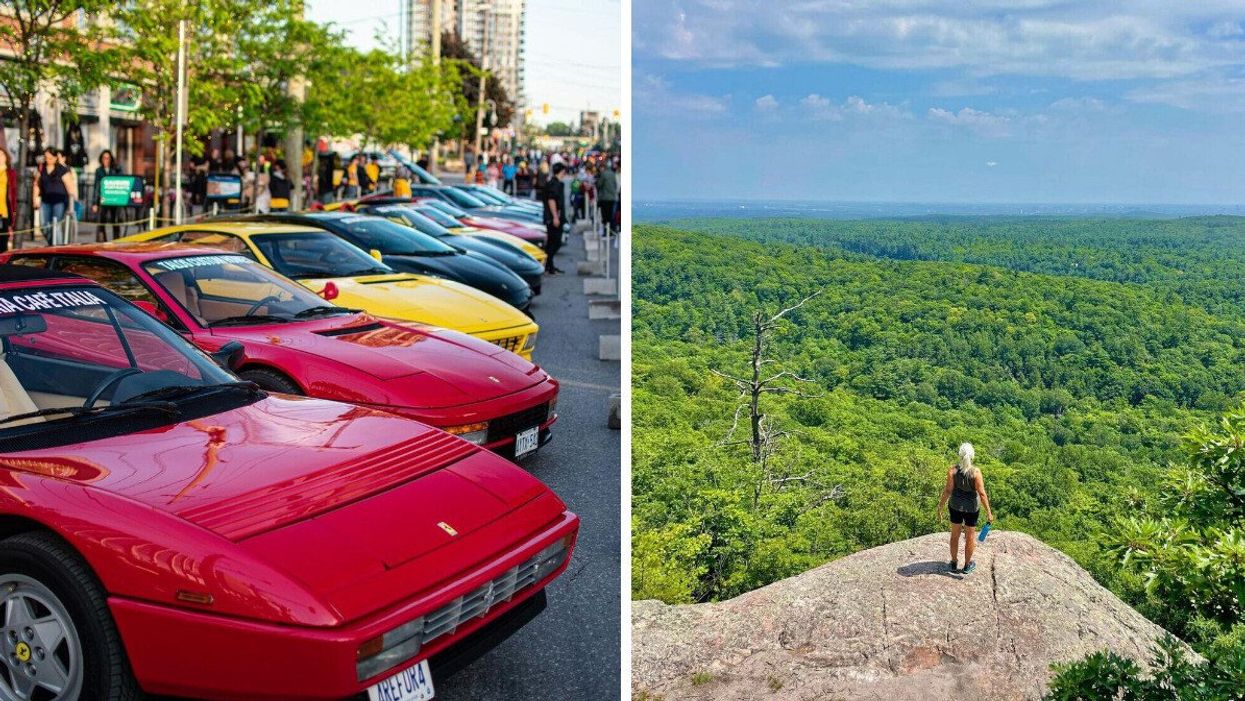 A row of parked retro Ferrari sportscars along a busy pedestrian street. Right: A woman looks out over a vast green lansdscape from a rocky ledge.