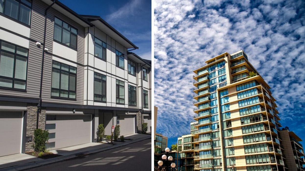A row of townhouses. Right: An apartment building.