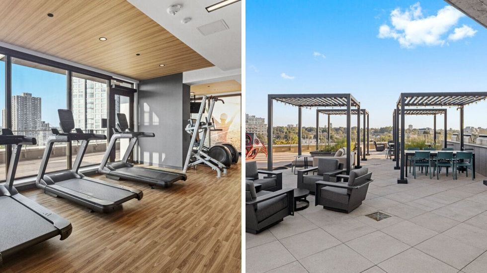 A row of treadmills at a window facing a city skyline. Right: A rooftop patio with grey furniture under a blue sky. 