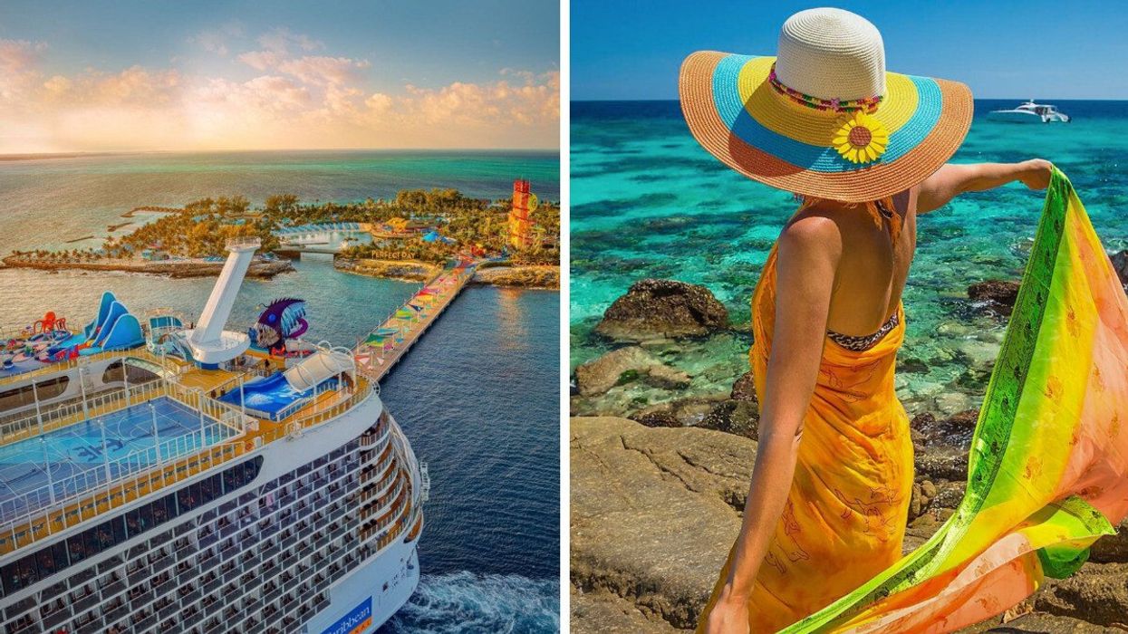 A Royal Caribbean cruise ship. Right: A Person on vacation.