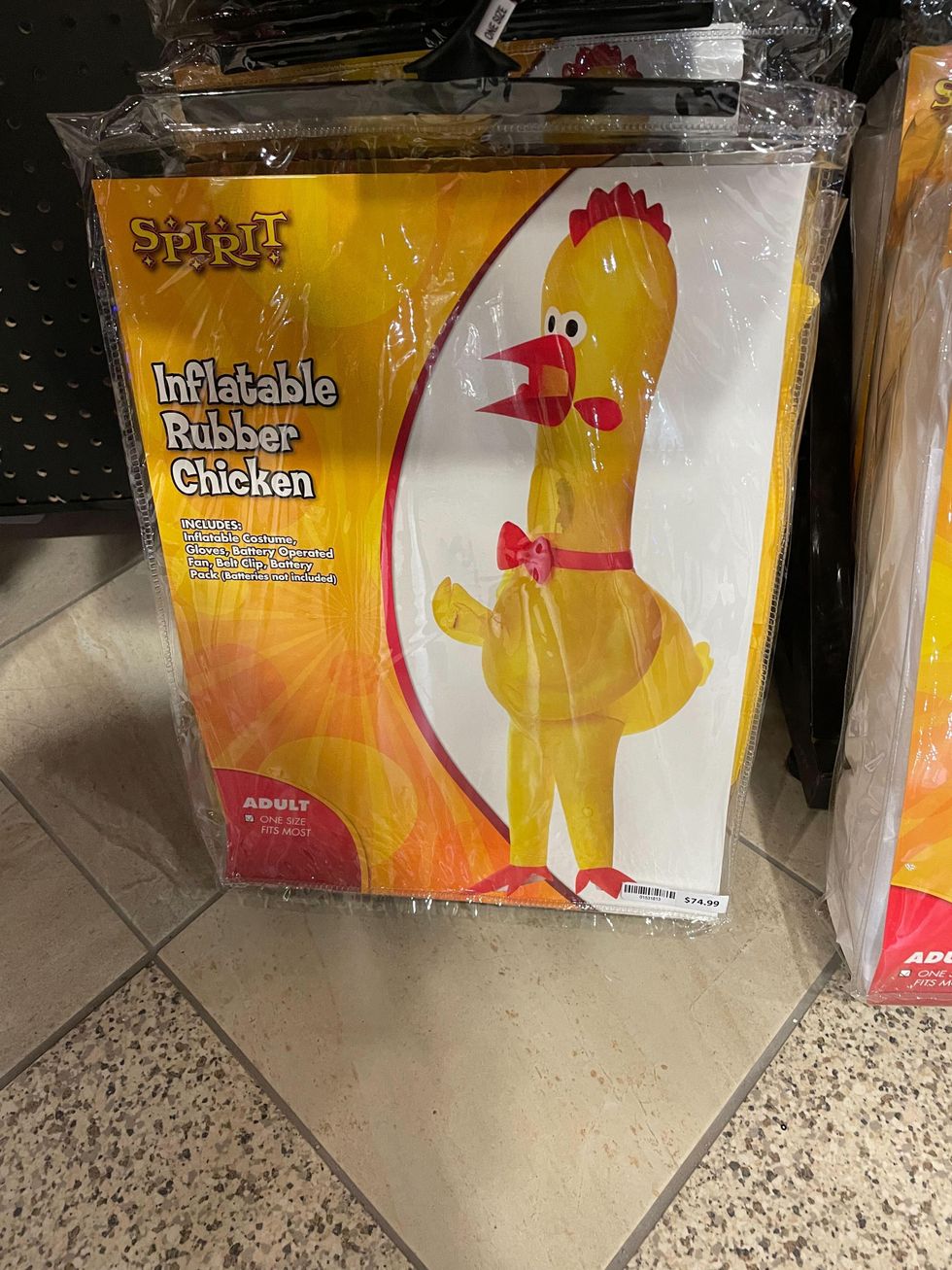 A rubber chicken costume.