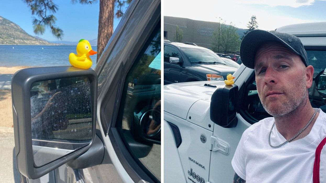 A rubber duck on a Jeep. Right: Dan Machholz next to a Jeep with a duck.