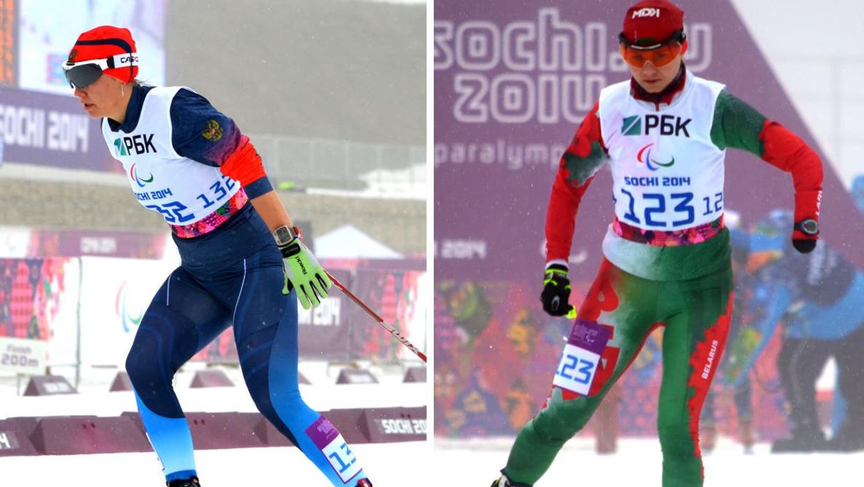 A Russian Paralympic athlete at the 2014 Sochi Games. Right: A Belarusian Paralympic athlete at the 2014 Sochi Games.