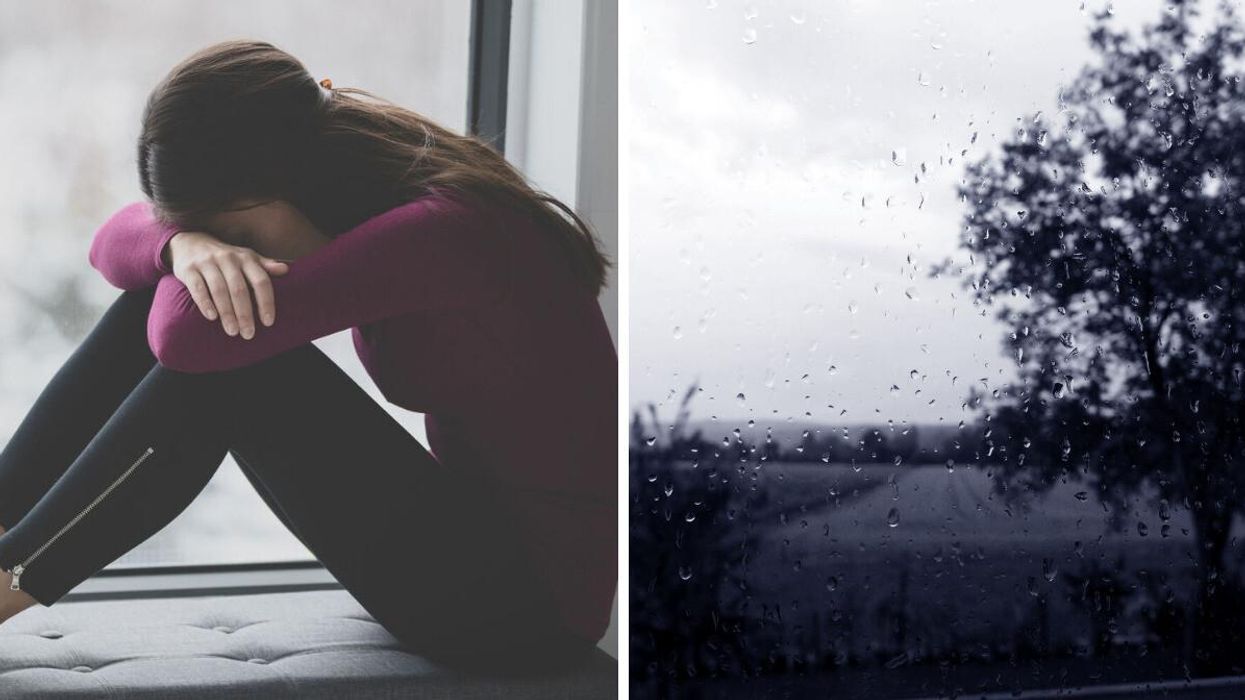 A sad young woman. Right: A gloomy day.