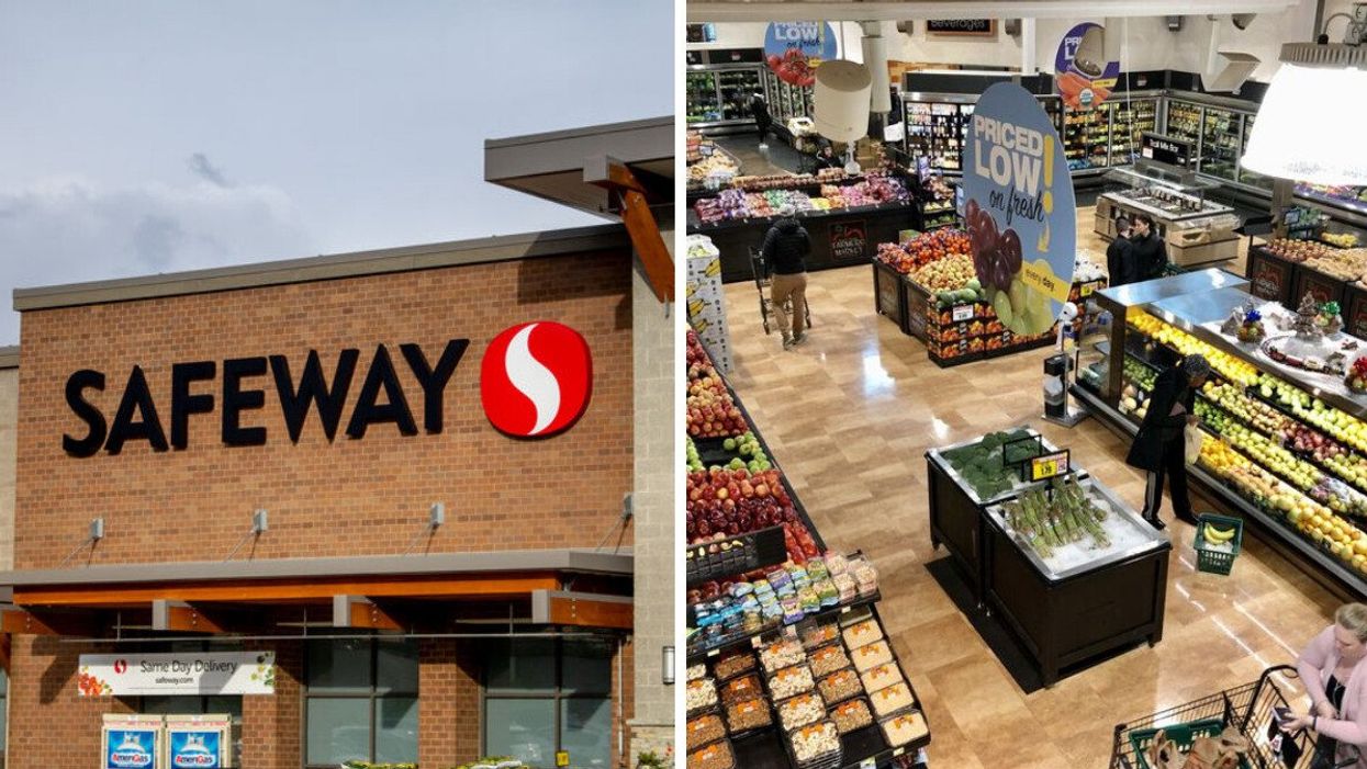A Safeway store sign. Right: People shopping inside a supermarket.