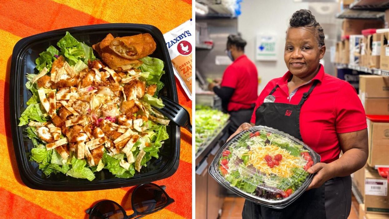 A salad from Zaxby's. Right: A Chick-fil-A employee holding a large salad.