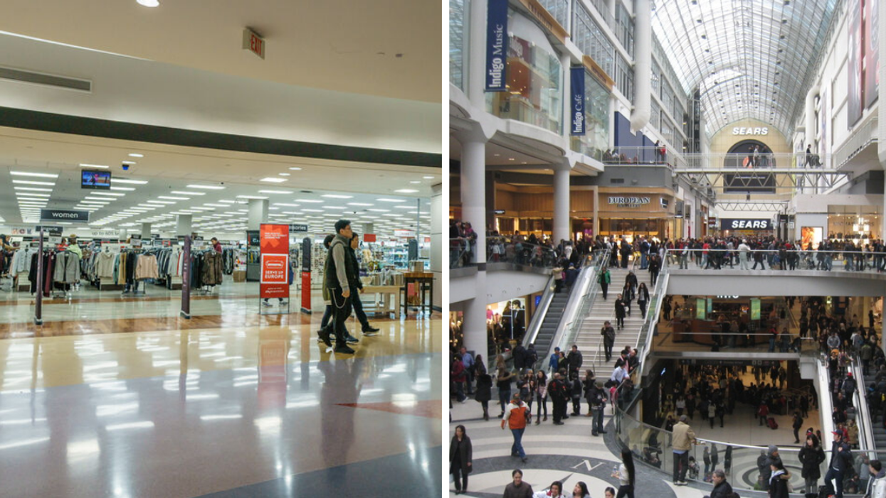 A sale in Canada. Right: Eaton Centre in Toronto.
