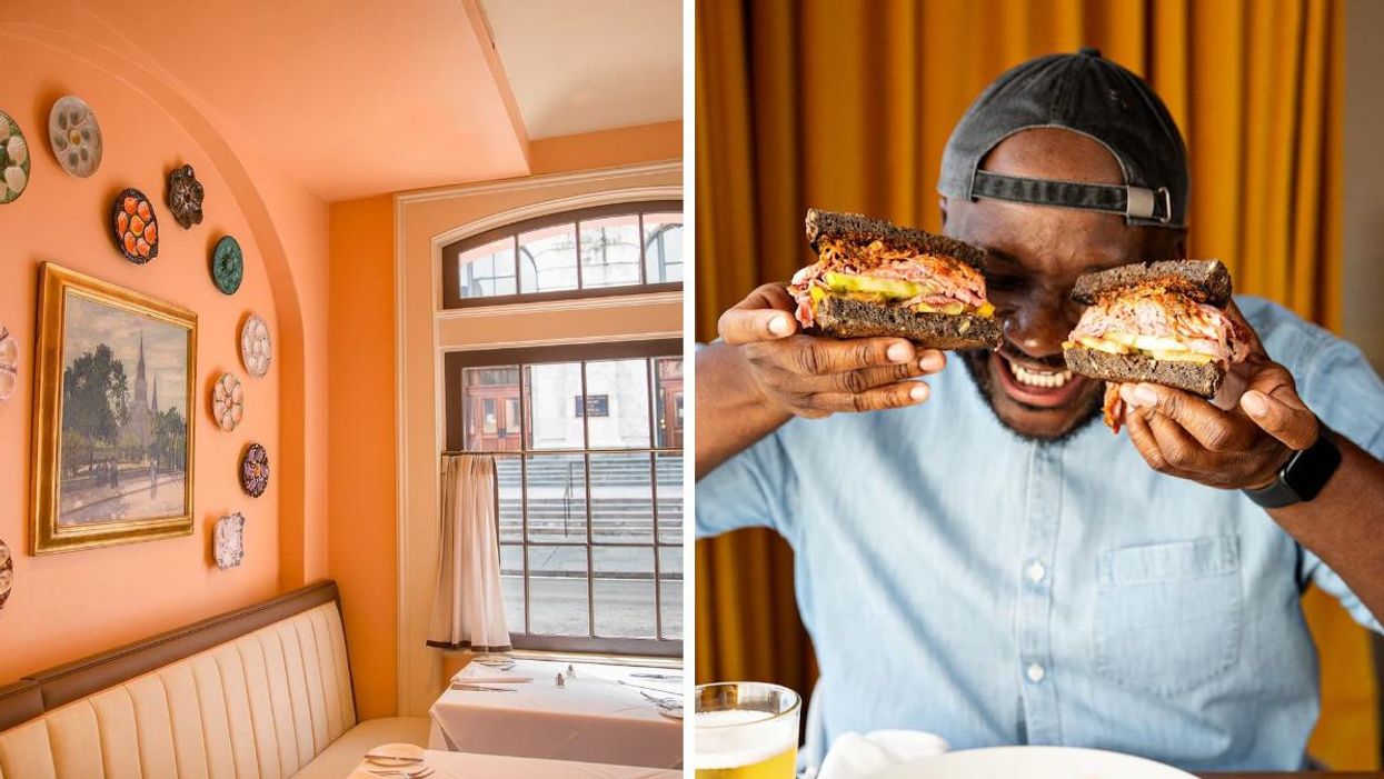 A salmon-colored wall in Brennan's restaurant. Left: A man smiles and holds a sandwich at Butcher & Bee.