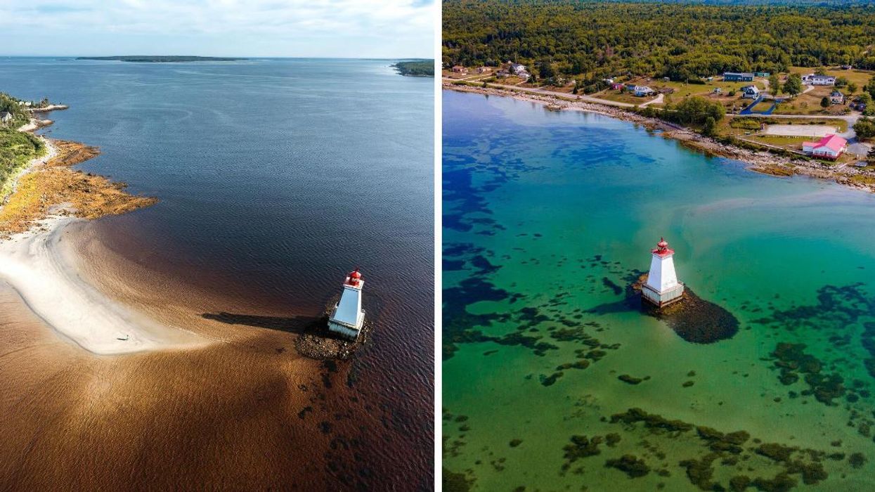 A sandbar leading to the Sandy Point Lighthouse. Right: An aerial view of the Sandy Point Lighthouse.