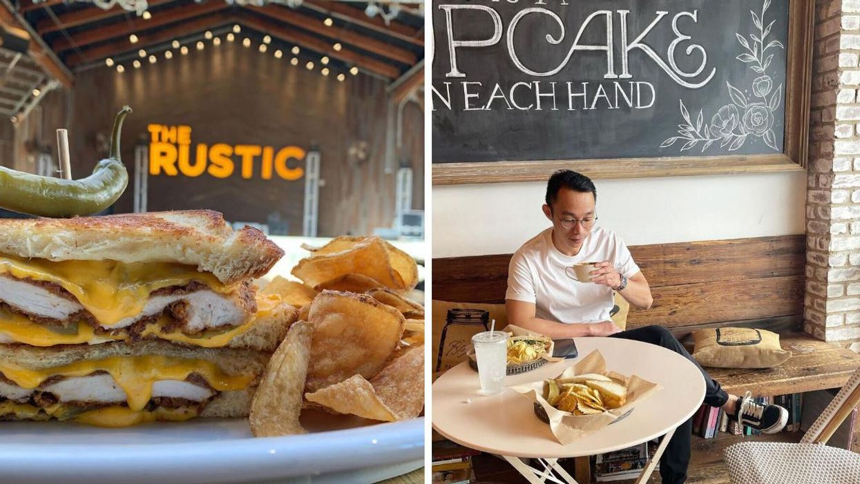 A sandwich and chips from The Rustic. Right: A man drinking coffee at BIRD Bakery.