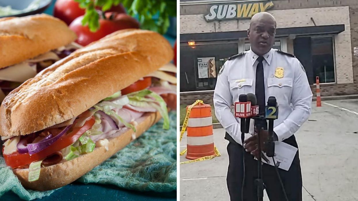 A sandwich with mayonnaise on it. Right: An Atlanta PD officer outside a Subway.