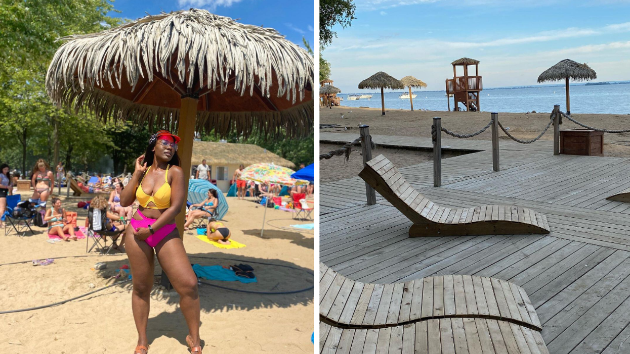 A sandy beach near Ottawa with palm tree umbrellas and wooden chair lounges.