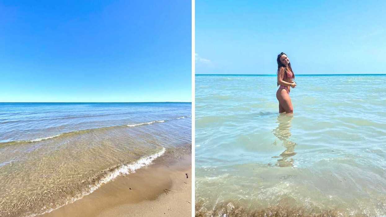 A sandy beach. Right: A person in a lake.
