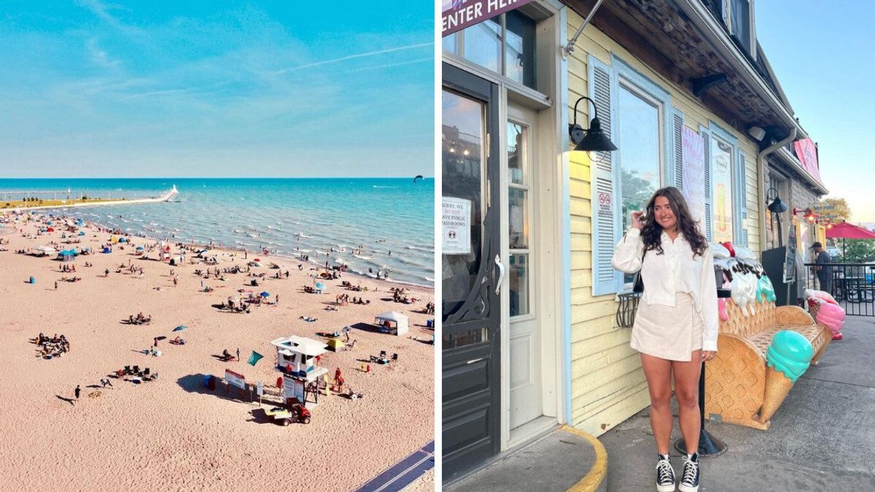 A sandy beach. Right: A person standing by an ice cream store.