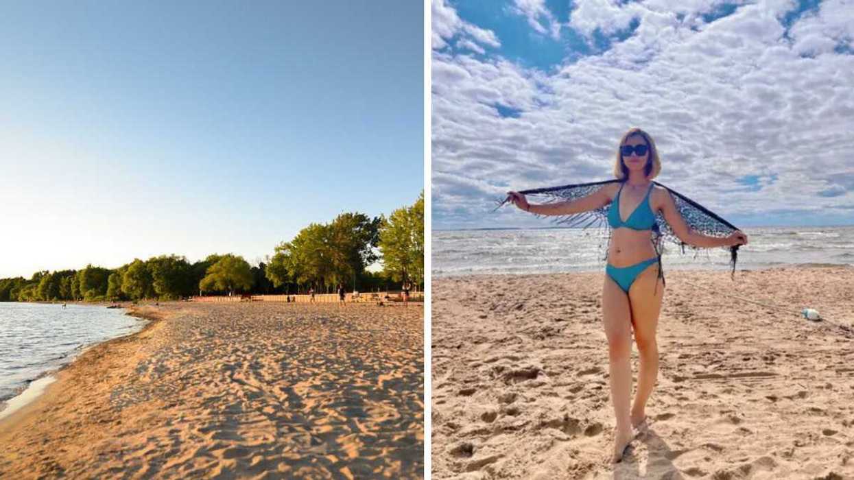A sandy beach. Right: A person standing on a beach.