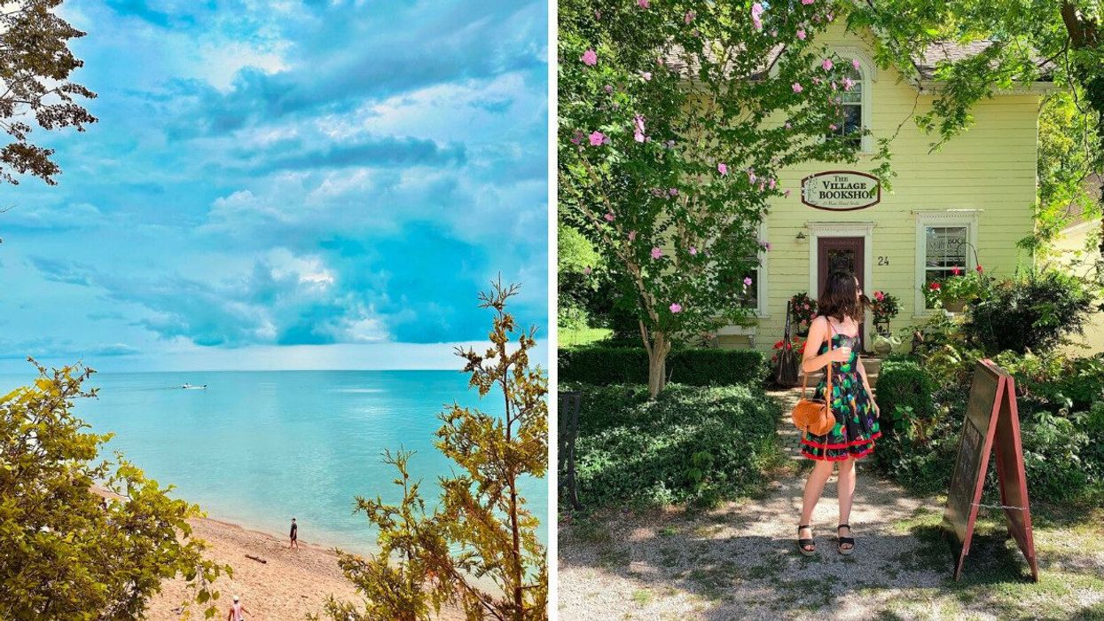 A sandy beach. Right: A person standing outside of a bookstore.
