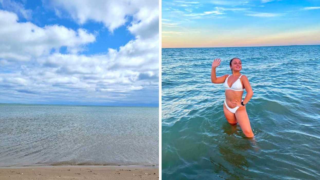 A sandy beach. Right: A person swimming in a lake.