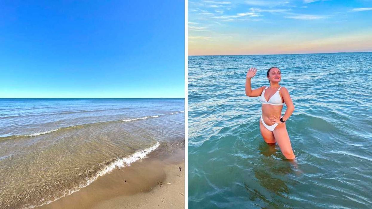 A sandy beach. Right: A person swimming.