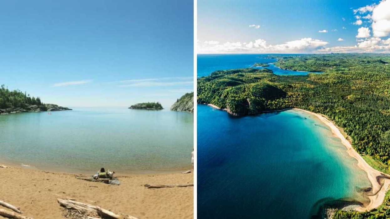 A sandy beach. Right: An aerial view of a beach.