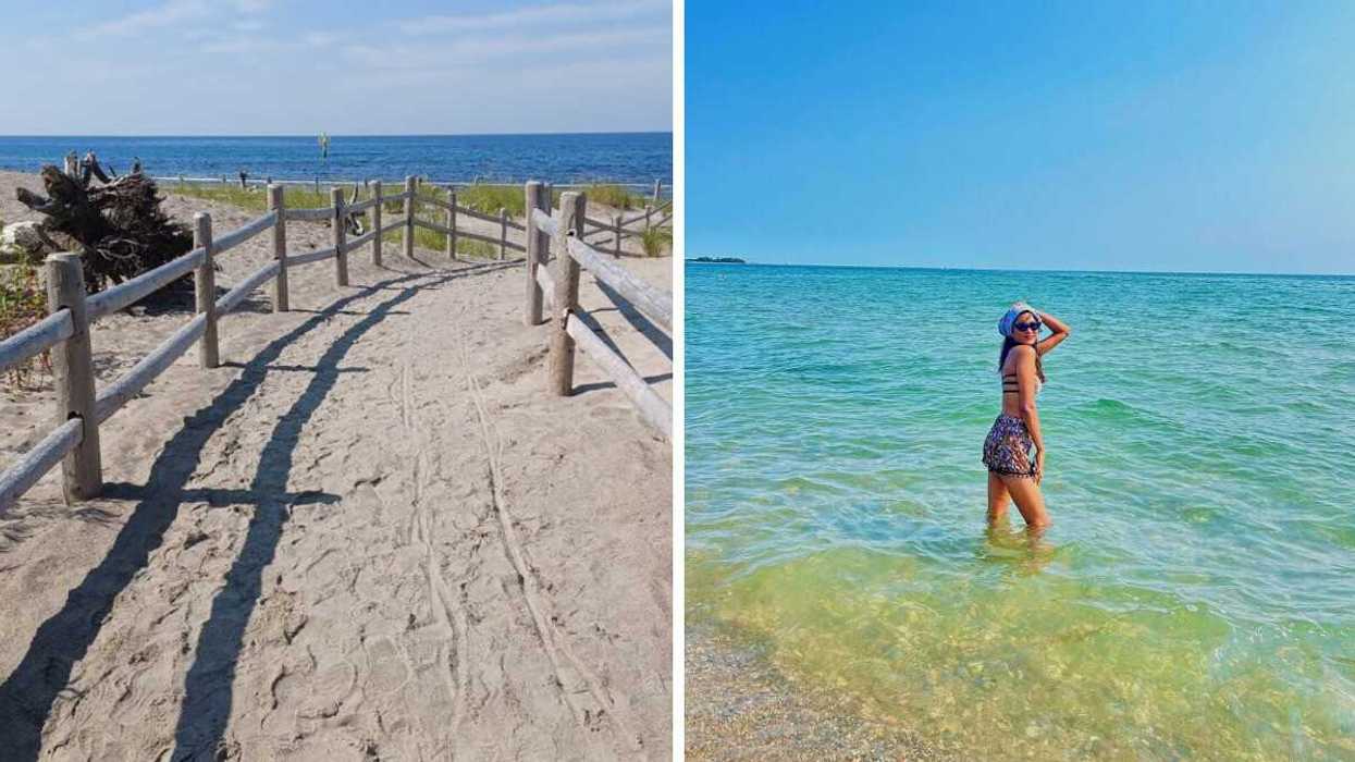 A sandy beach with a fence. Right: A person standing in the water.