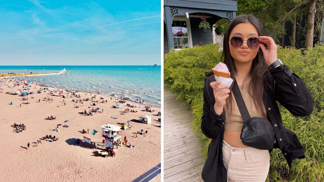 A sandy beach with blue water. Right: A person standing with an ice cream cones.