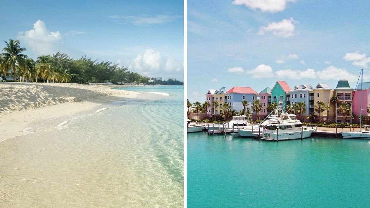 A sandy beach with clear water. Right: A harbour town with colourful buildings and bright blue water.